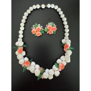 Vintage 1930s Molded Celluloid Rose 15" Necklace and post earrings set.